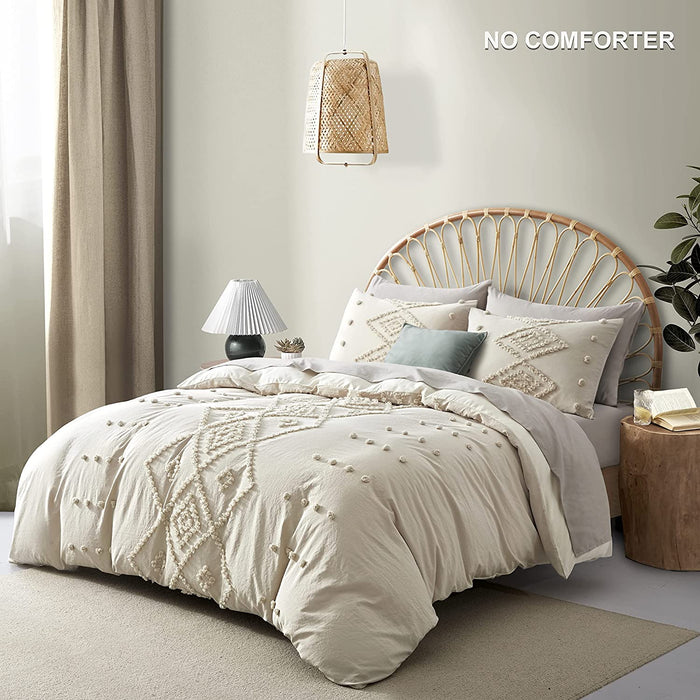Oli Anderson Tufted Duvet Cover Queen Size, Soft and Lightweight Duvet Covers Set for All Seasons, 3 Pieces Boho Embroidery Shabby Chic Bedding Set (Beige, Queen, 90’’ X 90’’)