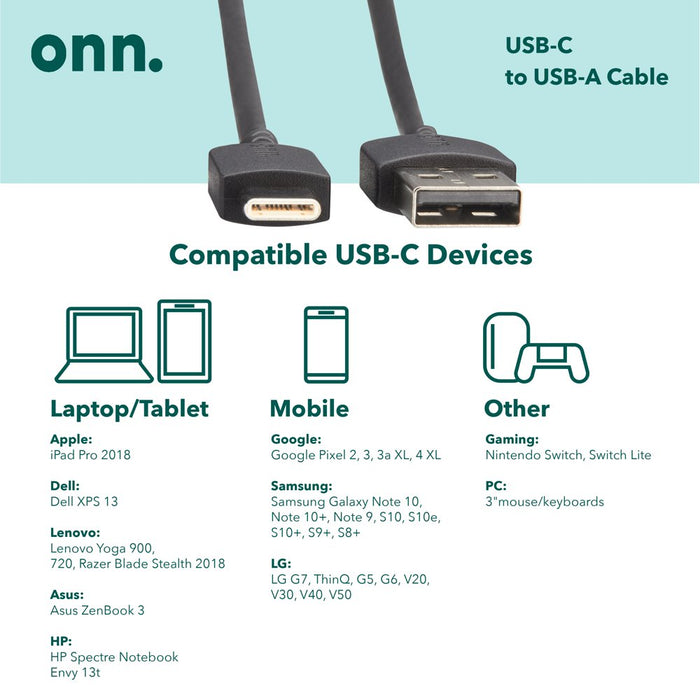 Onn. 6' Braided USB-C to USB Cable, White