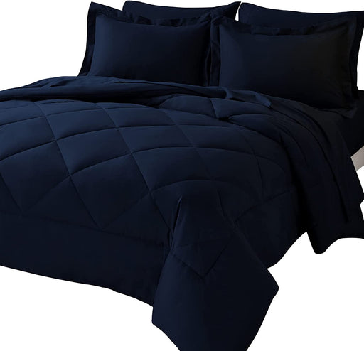 Queen Bed in a Bag 7 Pieces Comforter Set with Comforter and Sheets Navy Blue All Season Bedding Sets with Comforter, Pillow Shams, Flat Sheet, Fitted Sheet and Pillowcases