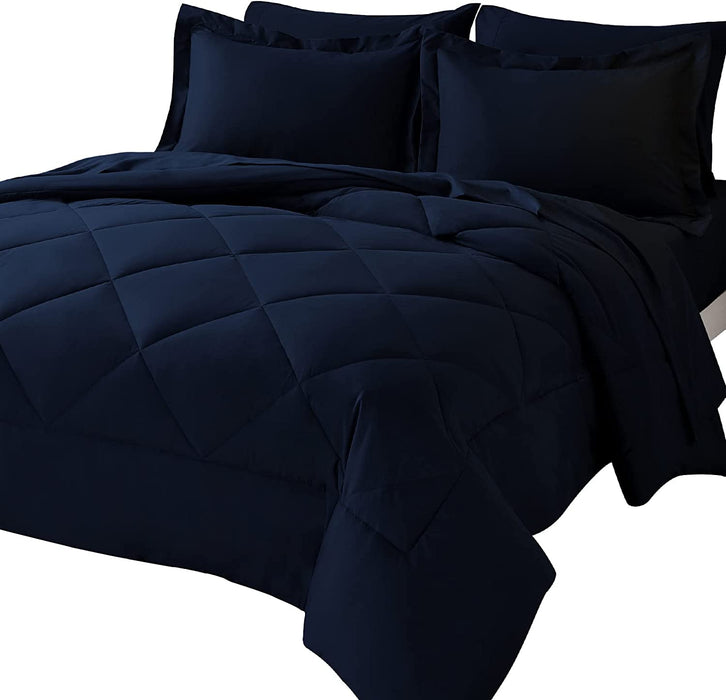Queen Bed in a Bag 7 Pieces Comforter Set with Comforter and Sheets Navy Blue All Season Bedding Sets with Comforter, Pillow Shams, Flat Sheet, Fitted Sheet and Pillowcases