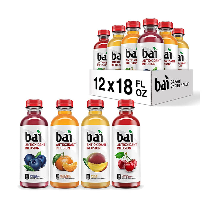 Bai Flavored Water, Safari Variety Pack, Antioxidant Infused Drinks, 18 Fluid Ounce Bottles, 12 Count, 3 Each of Brasilia Blueberry, Costa Rica Clementine, Malawi Mango, Zambia Bing Cherry,18 Fl Oz (Pack of 12)