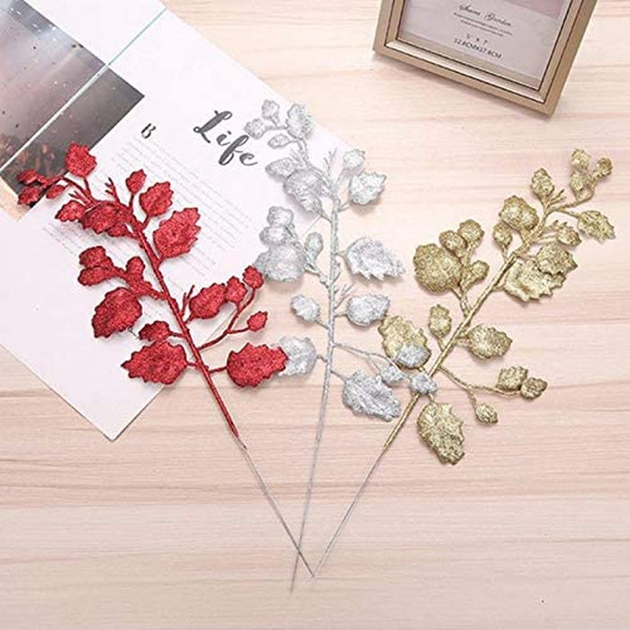 12PCS Christmas Glitter Leaves Picks Artificial Plant Leaves with Stem Xmas Tree Hanging Branches Christmas Tree Ornaments for DIY Wreath Crafts Holiday Home Decor