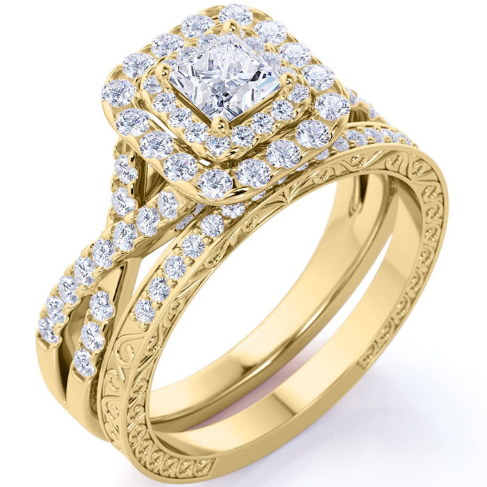 1.25 Ct - Square Moissanite - Double Halo - Twisted Band - Vintage Inspired - Pave - Wedding Ring Set in 18K Yellow Gold over Silver