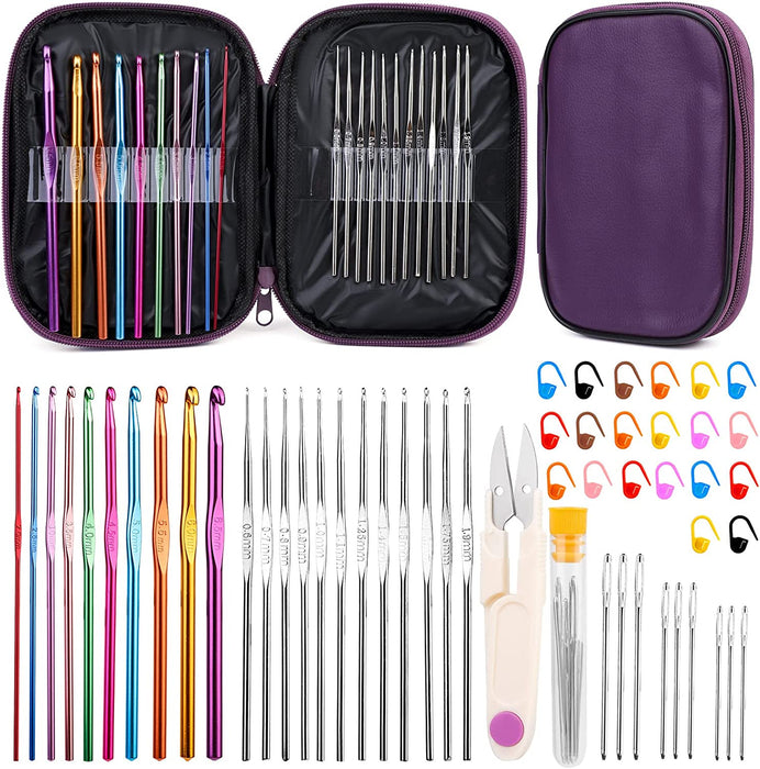 54 Pcs Crochet Needles Set, Crochet Hooks Kit with Storage Case, Ergonomic Knitting Needles Blunt Needles Stitch Marker DIY Hand Knitting Craft Art Tools for Beginners