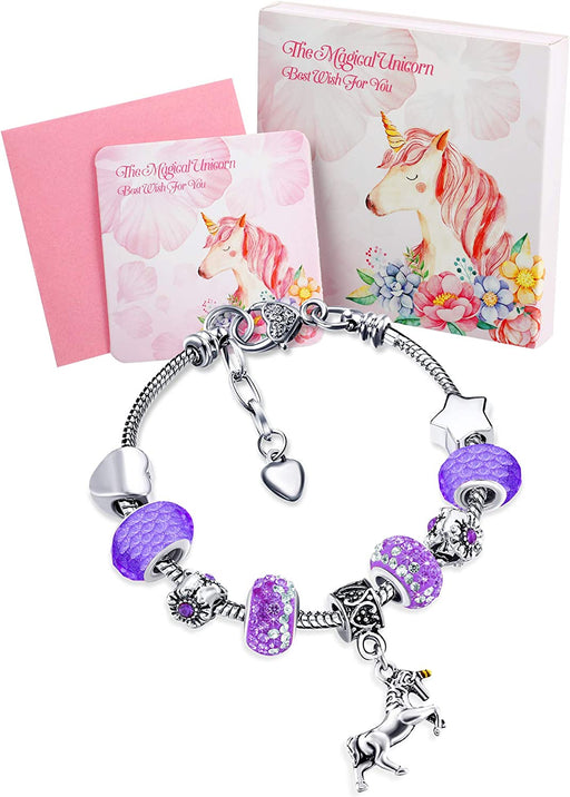 Unicorn Sparkly Crystal Charm Bracelet Bangle with Gift Box Set for Girl Lady