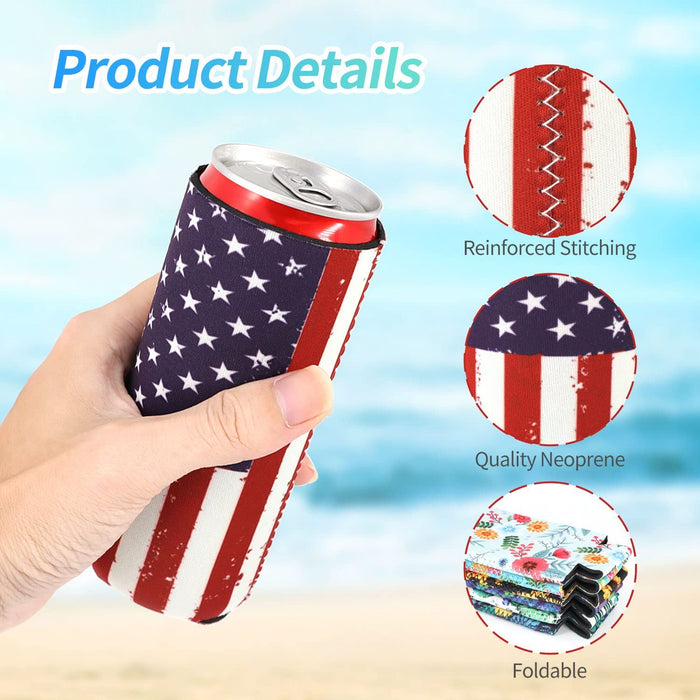 12Pcs Neoprene Slim Beer Can Cooler Tall Stubby Holder Foldable Stubby Holders Beer Cooler Bags Fits 12Oz Slim Energy Drink & Beer (Classic Style)