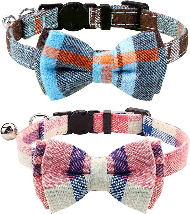 Breakaway Cat Collar with Cute Bow Tie and Bell, Plaid Patterns, 1 Pack Girl Boy Kitty Safety Collars, Blue