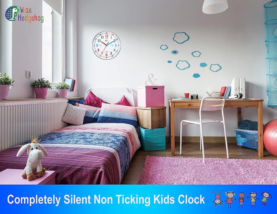 Telling Time Teaching Clock, Silent Non Ticking Analog Battery Operated Learning Clock for Kids, Perfect Room & Wall Decor for School Classrooms, Playrooms and Kids Bedrooms