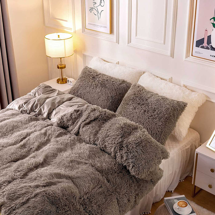 Plush Fluffy Duvet Cover Oeko-Tex Certified Luxury Ultra Soft Shaggy Crystal Velvet Bedding Set 3 Pieces(1 Duvet Cover + 2 Pillow Shams) Zipper Closure(Queen, Khaki)