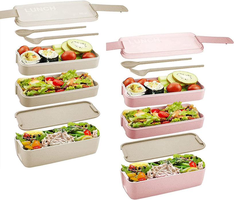 Bento Box Lunch Box for Adults Kids,  3-In-1 Compartment Containers - Wheat Straw, Leakproof Eco-Friendly Bento Lunch Box Meal Prep Containers Microwave Safe (Beige)