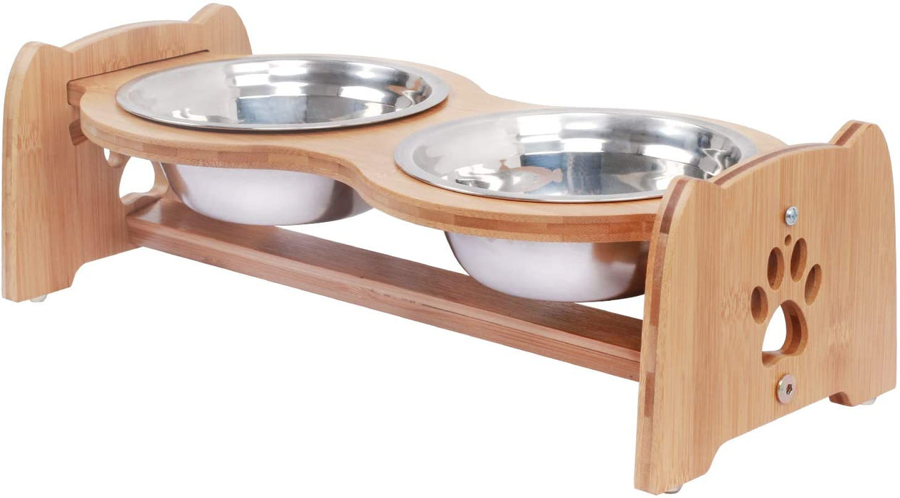Raised Pet Bowls for Cats and Dogs, Adjustable Bamboo Elevated Dog Cat Food and Water Bowls Stand Feeder with 2 Stainless Steel Bowls and anti Slip Feet (Height 7.9" to 11.4" to 15")