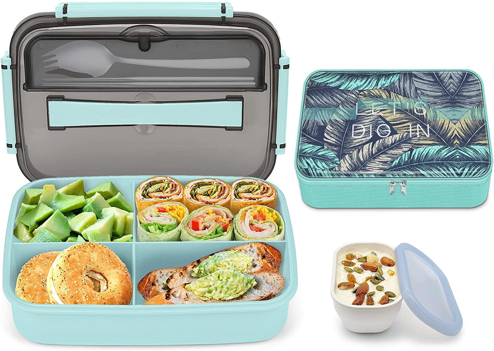 Bento Box Adult Lunch Box, Bento Lunch Box Containers, 50-Oz Bento Box for Kids with Compartments, Sauce Container, Chopsticks and Spork, Green