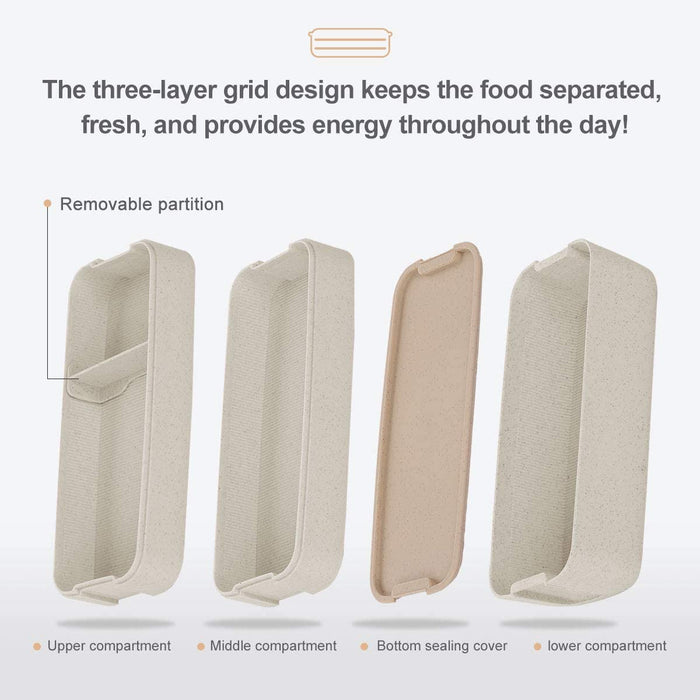Bento Box Lunch Box for Adults Kids,  3-In-1 Compartment Containers - Wheat Straw, Leakproof Eco-Friendly Bento Lunch Box Meal Prep Containers Microwave Safe (Beige)