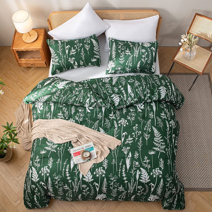 Queen Comforter Set Emerald Comforter Set 3 PCS Bedding Sets Floral Comforter Set Plant Flowers Printed on Fluffy Comforter Set for All Season