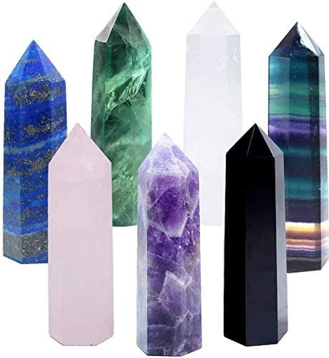 7Pcs Natural Crystal Healing Wands, Height 3.3"-3.5" Single Point Healing Crystal Wand 6 Faceted Reiki Chakra Stones Crystal Healing Prism for Reiki, Home Decor