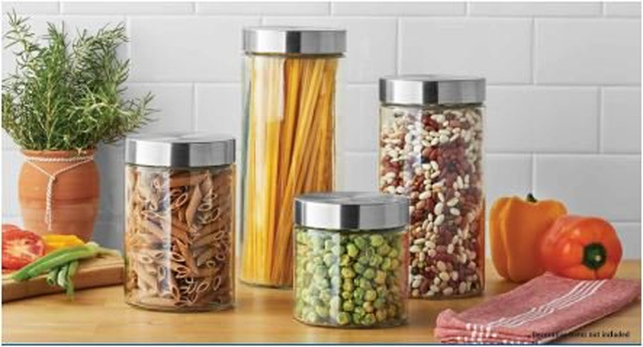 Mainstays Glass Storage Canisters with Stainless Steel Lids, 4 Piece Set