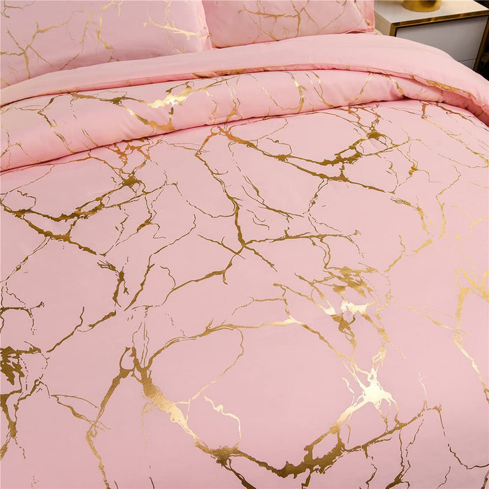 Gold Metallic Marble Comforter Set Queen Size Foil Print Glittering Bedding Sets, Blush/Gold, Queen