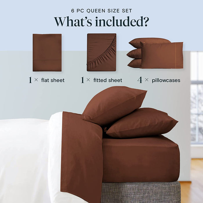 6 PC Sheet Set Sheets Deep Pockets 18" Eco Friendly Wrinkle Free Sheets Machine Washable Hotel Bedding Silky Soft - Brown Queen