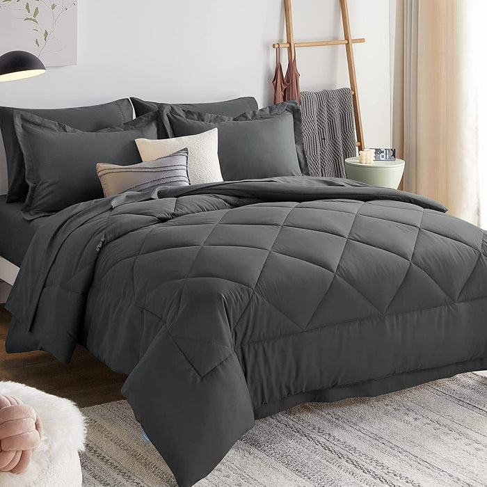 Queen Bed in a Bag 7-Pieces Comforter Sets with Comforter and Sheets Dark Grey All Season Bedding Sets with Comforter, Pillow Shams, Flat Sheet, Fitted Sheet and Pillowcases