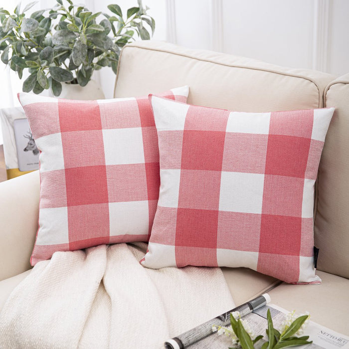 Buffalo Checker Plaid Farmhouse Summer Square Decorative Throw Pillow for Couch, 18" X 18", Pink, White, 2 Pack