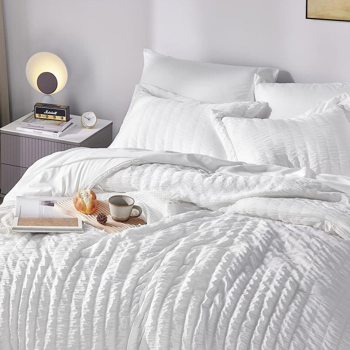 Queen Bed in a Bag White Seersucker Comforter Set with Sheets 7-Pieces All Season Bedding Sets with Comforter, Pillow Sham, Flat Sheet, Fitted Sheet and Pillowcase