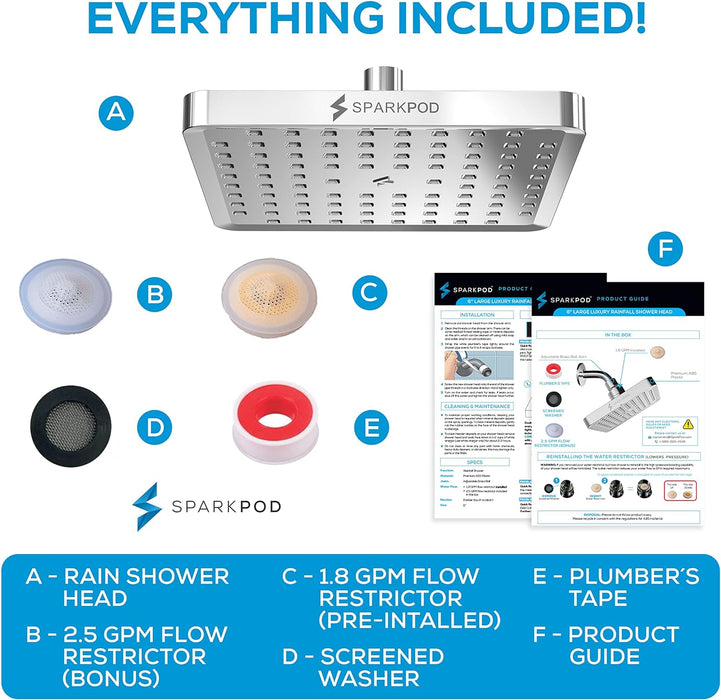 Shower Head - High Pressure Rain - Premium Quality Luxury Design - 1-Min Install - Easy Clean Adjustable Replacement for Your Bathroom Shower Heads (Luxury Polished Chrome, 6 Inch Square)