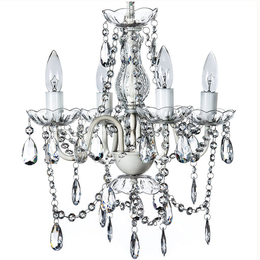 the Original 4 Light Crystal White Hardwire Flush Mount Chandelier H17.5”Xw15”, White Metal Frame with Clear Glass Stem and Clear Acrylic Crystals & Beads That Sparkle Just like Glass