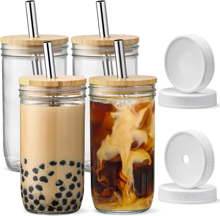 [ 4 Pack ] Glass Cups Set - 24Oz Mason Jar Drinking Glasses W Bamboo Lids & Straws & 2 Airtight Lids - Cute Reusable Boba Bottle, Iced Coffee Glasses, Travel Tumbler for Bubble Tea, Smoothie, Juice