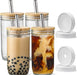 [ 4 Pack ] Glass Cups Set - 24Oz Mason Jar Drinking Glasses W Bamboo Lids & Straws & 2 Airtight Lids - Cute Reusable Boba Bottle, Iced Coffee Glasses, Travel Tumbler for Bubble Tea, Smoothie, Juice