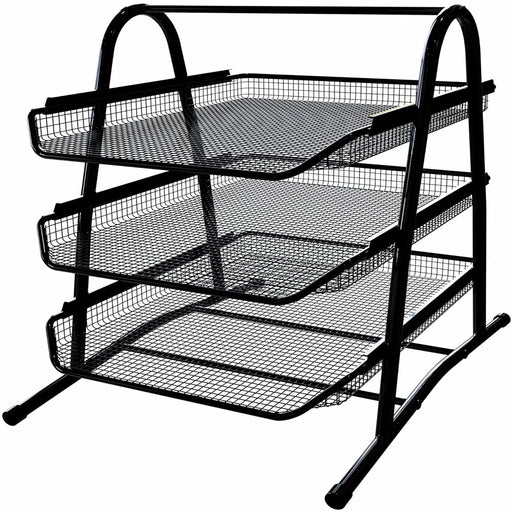 3 Tier Paper Tray Organizer for Desk, Black Stackable File Rack Metal Mesh Letter Trays, Multifunctional Metal Grid Document Holder and Storage for Office Desktop Organization and Accessories