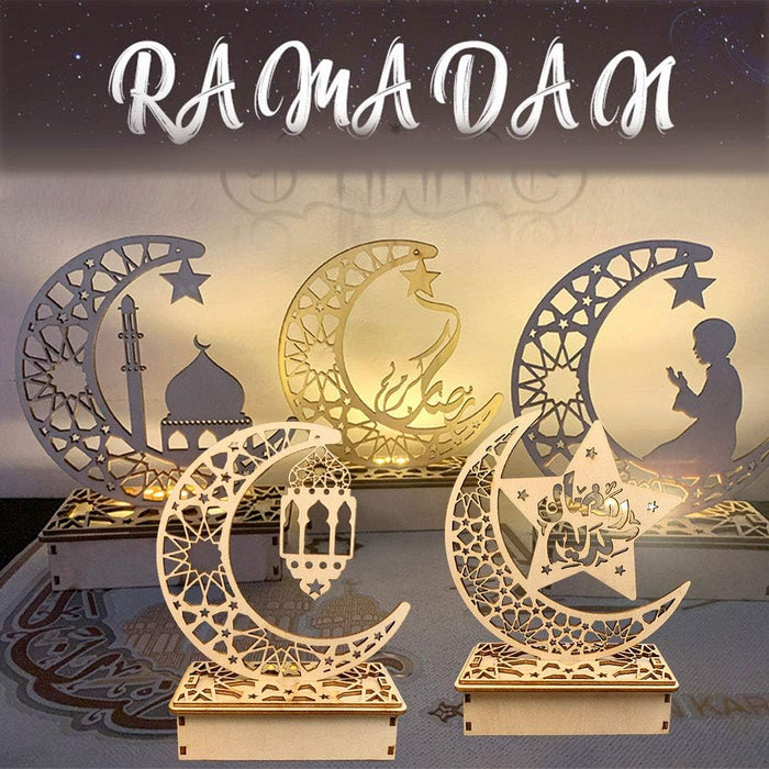 Eid Crafts Night Light Ramadan Mubarak Lamp Decorations Wooden Moon Star LED Lights Home Party Bedroom Ornaments Gift for Muslims Islamic Table Decor (C1)