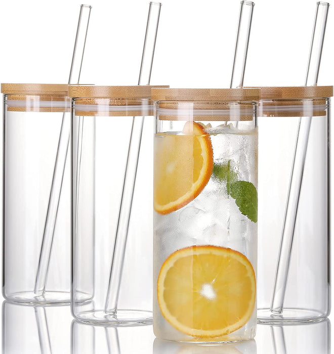 4 Set 20 OZ Drinking Glasses with Bamboo Lids and Straws, Borosilicate Glass Tumbler Cups - Tall Clear Iced Coffee Cups for Smoothie, Water, Juice, Coffee Bar Accessories - Cute Gifts, Reusable