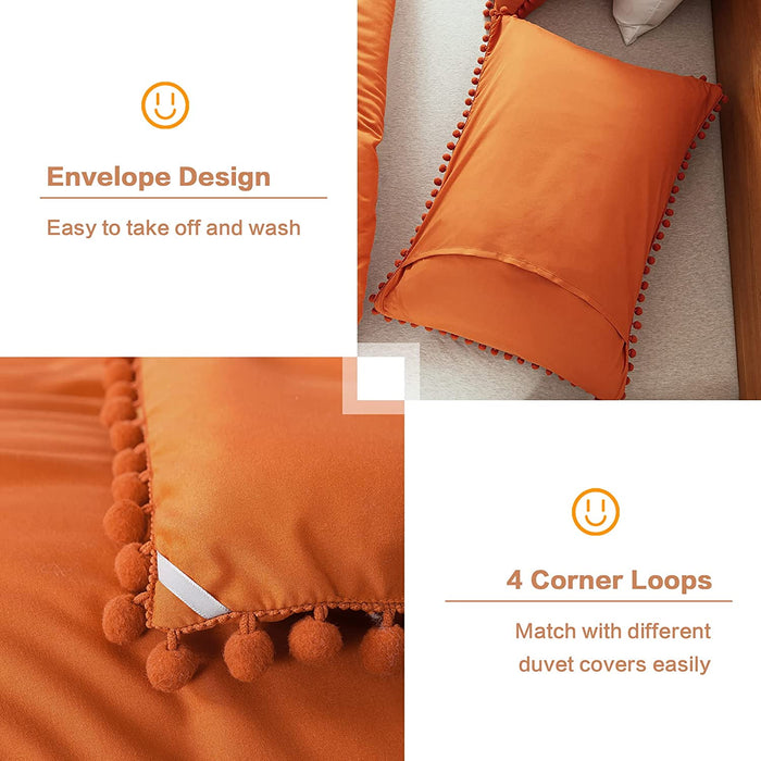 Burnt Orange Pom Pom Fringe Comforter Full(79X90 Inch), 3 Pieces(1 Boho Comforter and 2 Pillowcases) Aesthetic Ball Pom Comforter, Lightweight Soft Microfiber down Alternative Bedding Set