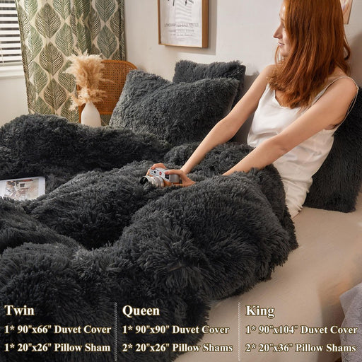 3 Piece Faux Fur Comforter Cover Set, Furry Plush Duvet Cover Set, Luxury Ultra Soft Velvet Fuzzy Fluffy Bedding Set, Shaggy Duvet Cover with 2 Pillow Shams, Zipper Closure, Queen Size, Dark Gray