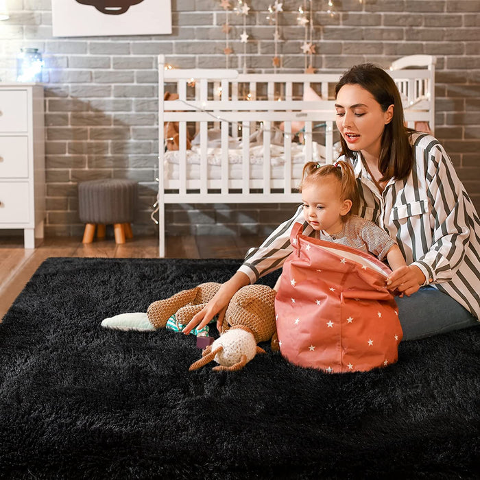 Super Soft Fluffy Shaggy Rugs 4X5.9 Feet for Living Room Bedroom, Fuzzy Plush Area Rugs for Girls Kids Room Nursery Home Decor, Furry Dorm Rug Cute Non-Slip Indoor Floor Carpet , Black