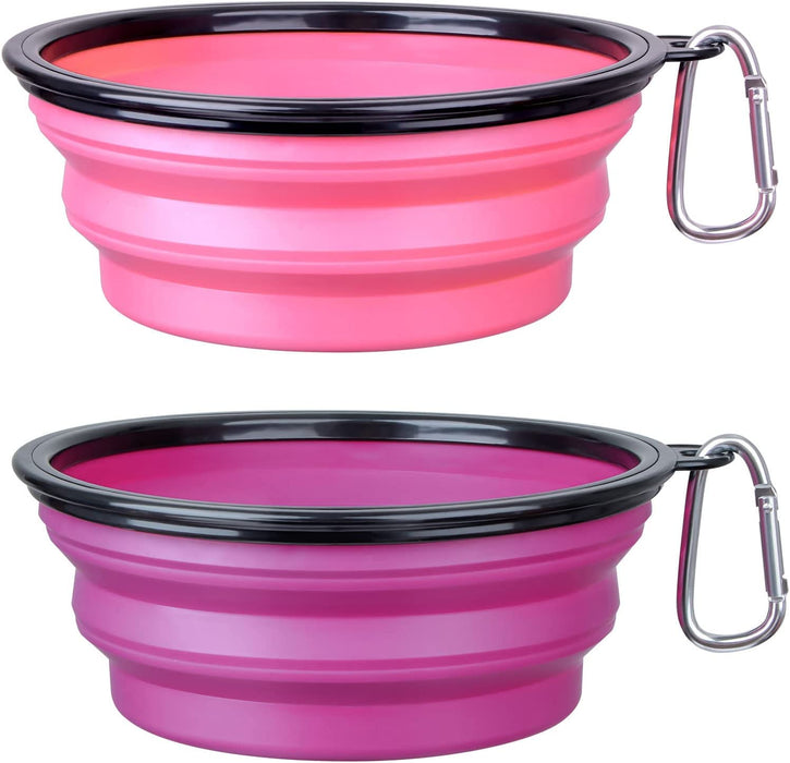 Collapsible Dog Bowl, 2 Pack Collapsible Dog Water Bowls for Cats Dogs, Portable Pet Feeding Watering Dish for Walking Parking Traveling with 2 Carabiners (Small, Orange+Pink)
