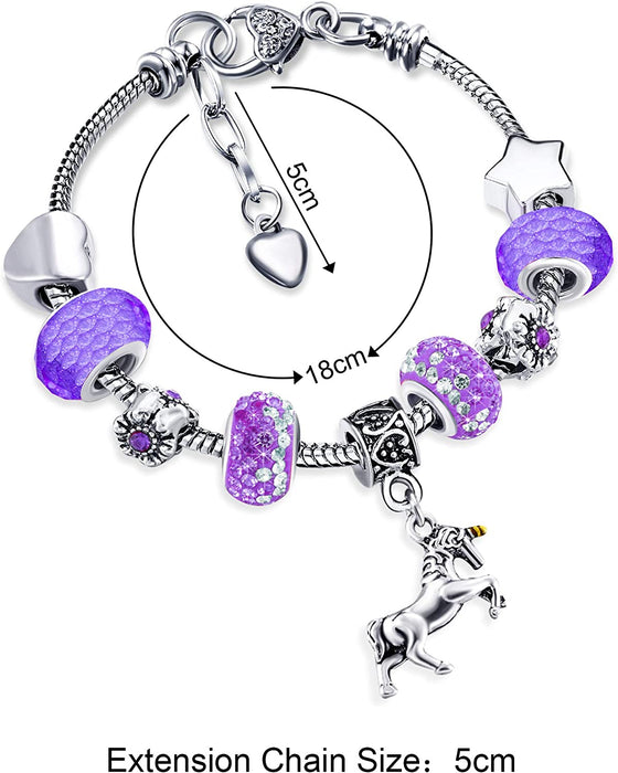 Unicorn Sparkly Crystal Charm Bracelet Bangle with Gift Box Set for Girl Lady