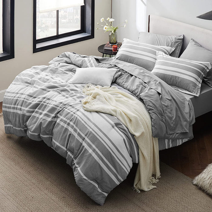 Bedsure Bed in a Bag Full Size 7-Piece Gray White Striped Bedding Comforter Sets All Season Bed Set, 2 Pillow Shams, Flat Sheet, Fitted Sheet and 2 Pillowcases