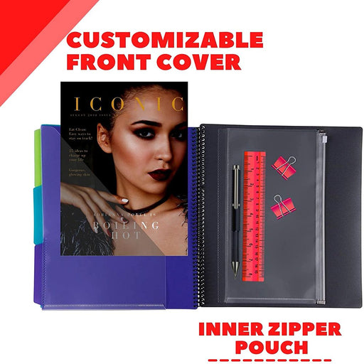 24 Pocket Spiral Project Organizer with 12 Dividers, Fits 8.5" X 11" Letter Size Papers Folder Organizer Binder with Front Cover and Customizable Cover, Erasable Write on Tabs for Documents Files