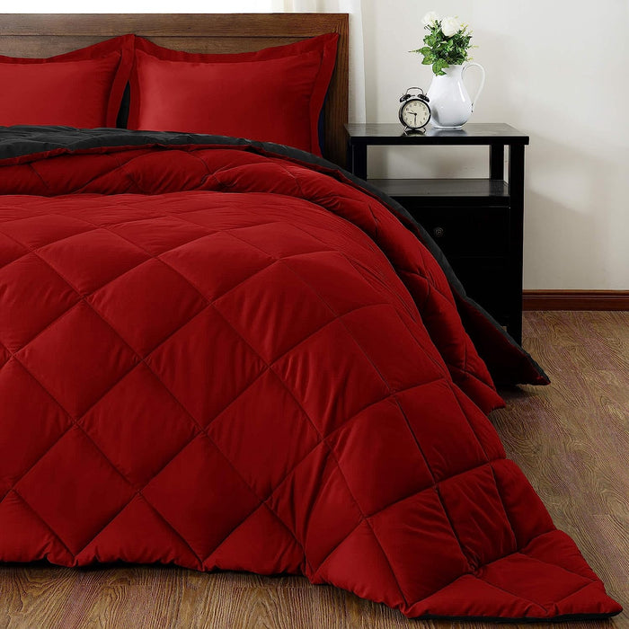 Lightweight Solid Comforter Set (King) with 2 Pillow Shams - 3-Piece Set - Red and Black - down Alternative Reversible Comforter