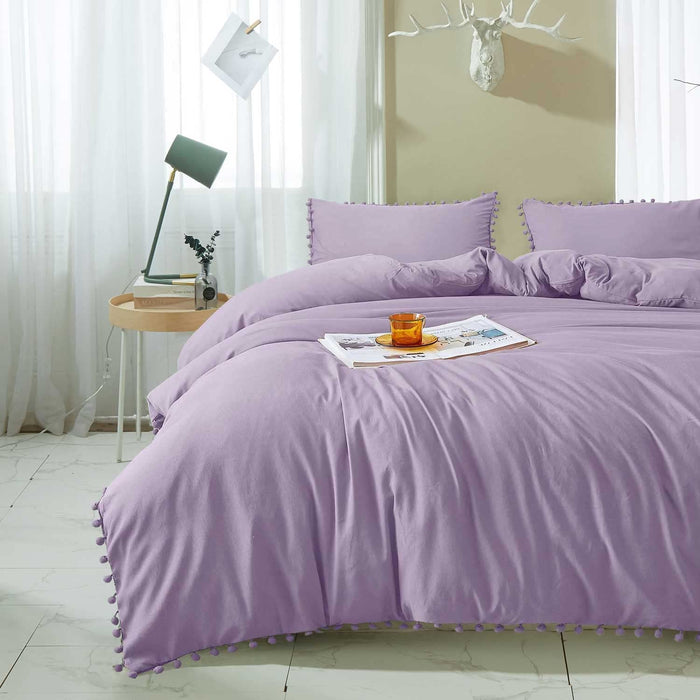 Lavender Comforter Set Queen Size, 3 Piece Boho Pom Fringe Bed Set, All Season Farmhouse Microfiber down Alternative Bedding Comforter with 2 Pillow Shams, Solid Light Purple