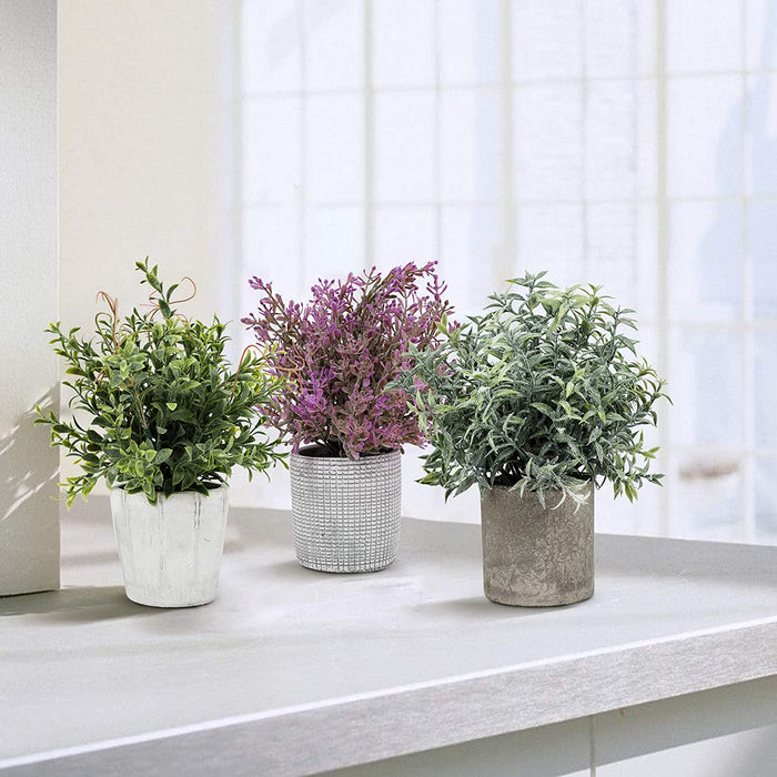Artificial Plant, 3 Pcs Mini Plants Artificial Potted Set Fake Green Seven-Layer Grass Plant Faux Plastic Herbs Topiary Shrubs for Home Office Desk , Kitchen Counter Decoration