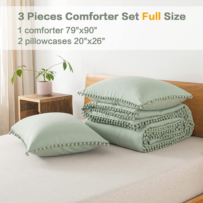 Sage Green Pom Pom Fringe Comforter Full(79X90 Inch), 3 Pieces(1 Boho Comforter and 2 Pillowcases) Aesthetic Ball Pom Comforter, Lightweight Soft Microfiber down Alternative Bedding Set