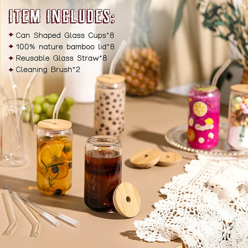 [ 8Pcs Set ] Drinking Glasses with Bamboo Lids and Glass Straw - 16Oz Can Shaped Glass Cups, Beer Glasses, Iced Coffee Glasses, Cute Tumbler Cup, Ideal for Cocktail, Whiskey, Gift - 2 Cleaning Brushes