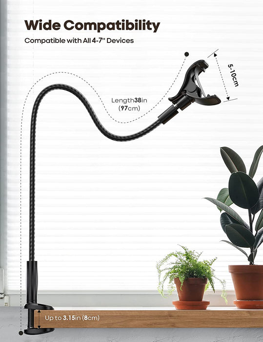 Gooseneck Phone Holder Bed - [Newest Nylon Braided] Flexible Arm, Overall Length 38Inch, 360 Adjustable Clamp Clip, Overhead Cell Phone Mount Stand for Bed, Desk, 4-7” Cellphone