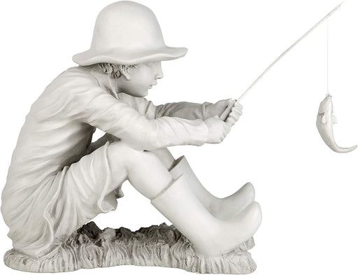 EU9288 Gone Fishing Fisherman Boy Garden Statue, 17 Inch, 10.5" D X 17" W X 17" H, Two Tone Stone