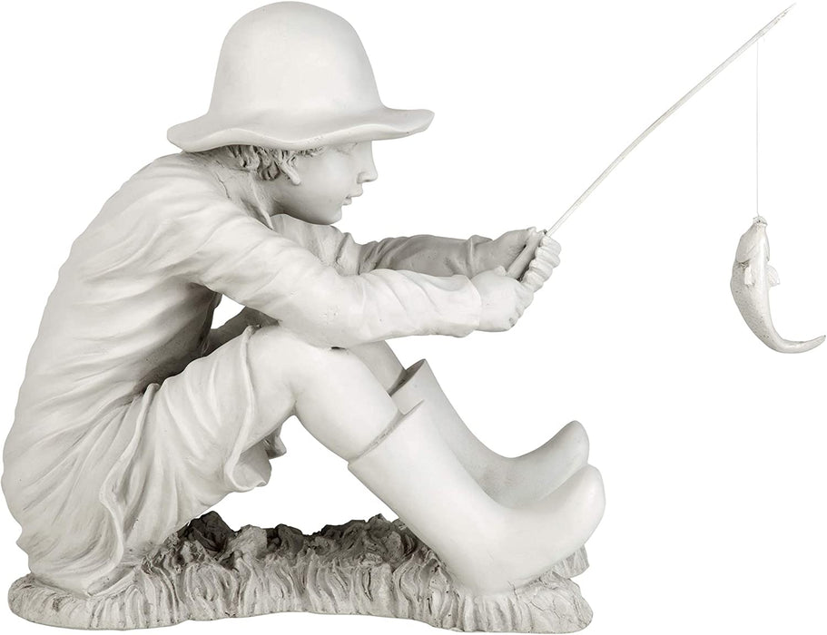 EU9288 Gone Fishing Fisherman Boy Garden Statue, 17 Inch, 10.5" D X 17" W X 17" H, Two Tone Stone