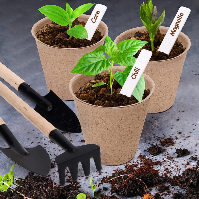 3” Peat Pots Seedling Pots Plant Starters Bulk 100 Pack Seed Starter Pots Biodegradable Kits with 100 Pcs Plant Labels, 3 Pcs Mini Seedling Tools for Garden Germination Nursery Pot