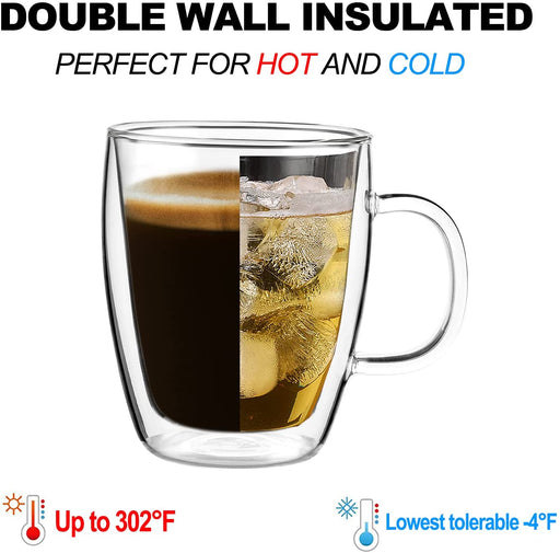 Double Wall Glass Coffee Mugs, (4-Pcak) 16 Ounces-Clear Glass Coffee Cups with Handle,Insulated Coffee Glass,Cappuccino Cups,Tea Cups,Latte Cups,Beverage Glasses Heat Resistant