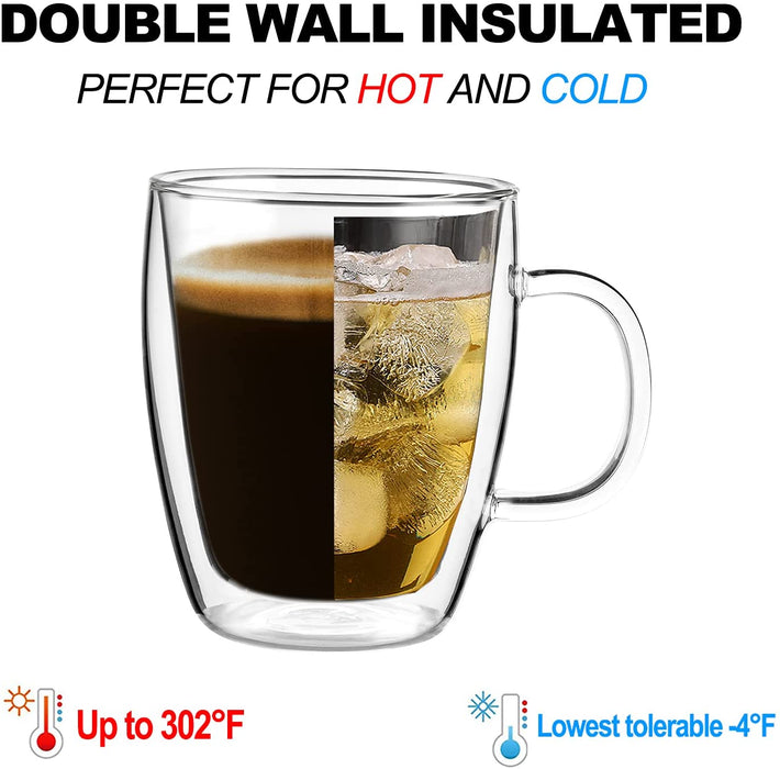 Double Wall Glass Coffee Mugs, (4-Pcak) 16 Ounces-Clear Glass Coffee Cups with Handle,Insulated Coffee Glass,Cappuccino Cups,Tea Cups,Latte Cups,Beverage Glasses Heat Resistant